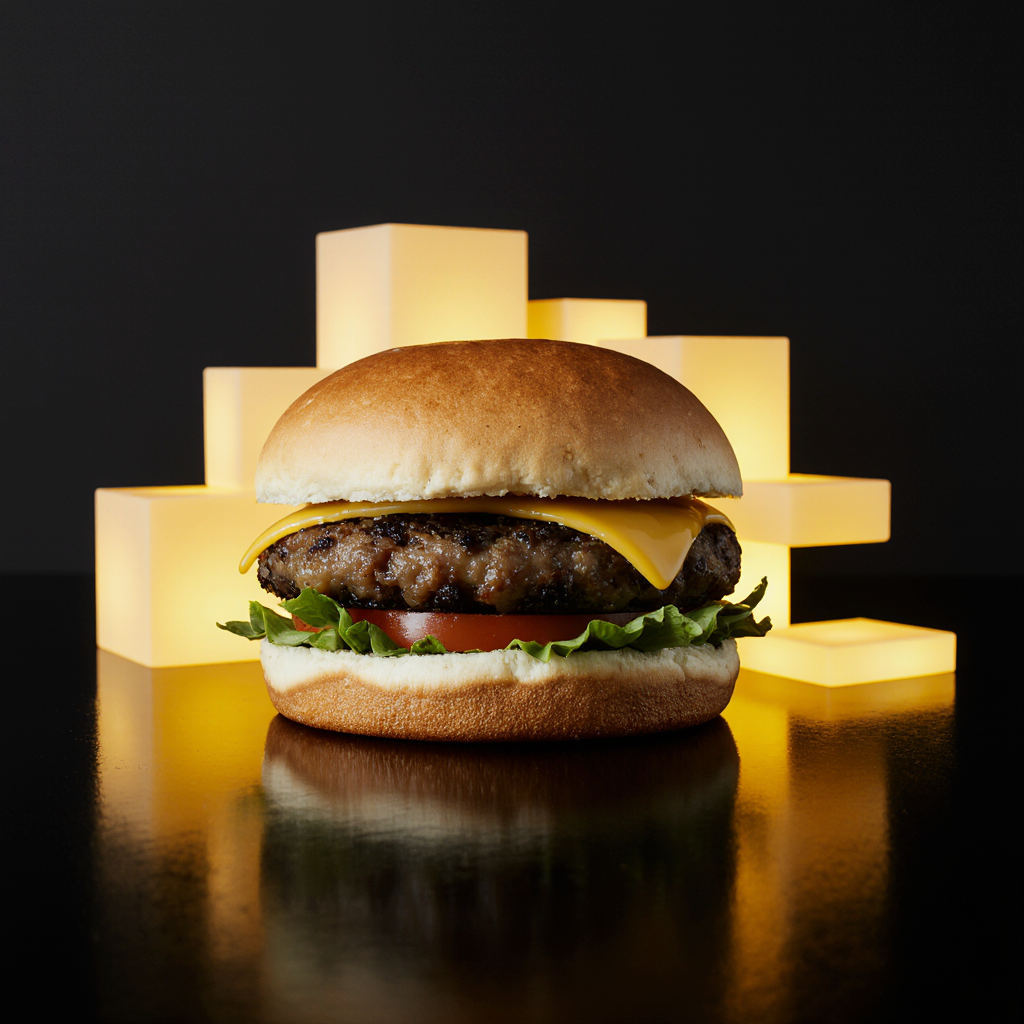 Burger carré KUBE sur surface noire avec néon jaune — concept unique à Anderlecht